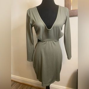 PLT bodycon dress size USA 12. Olive Green color. Cut out stretch. V-neck